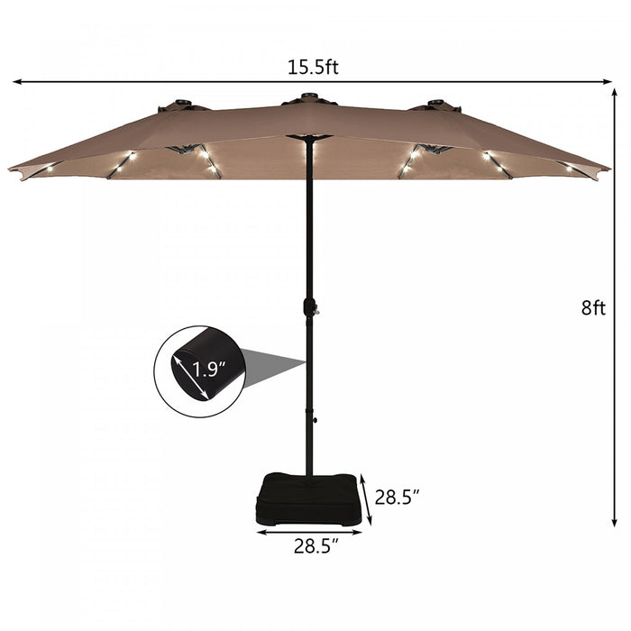 Costway 15Ft Patio Double-Sided Solar LED Market Umbrella Crank Base Tan