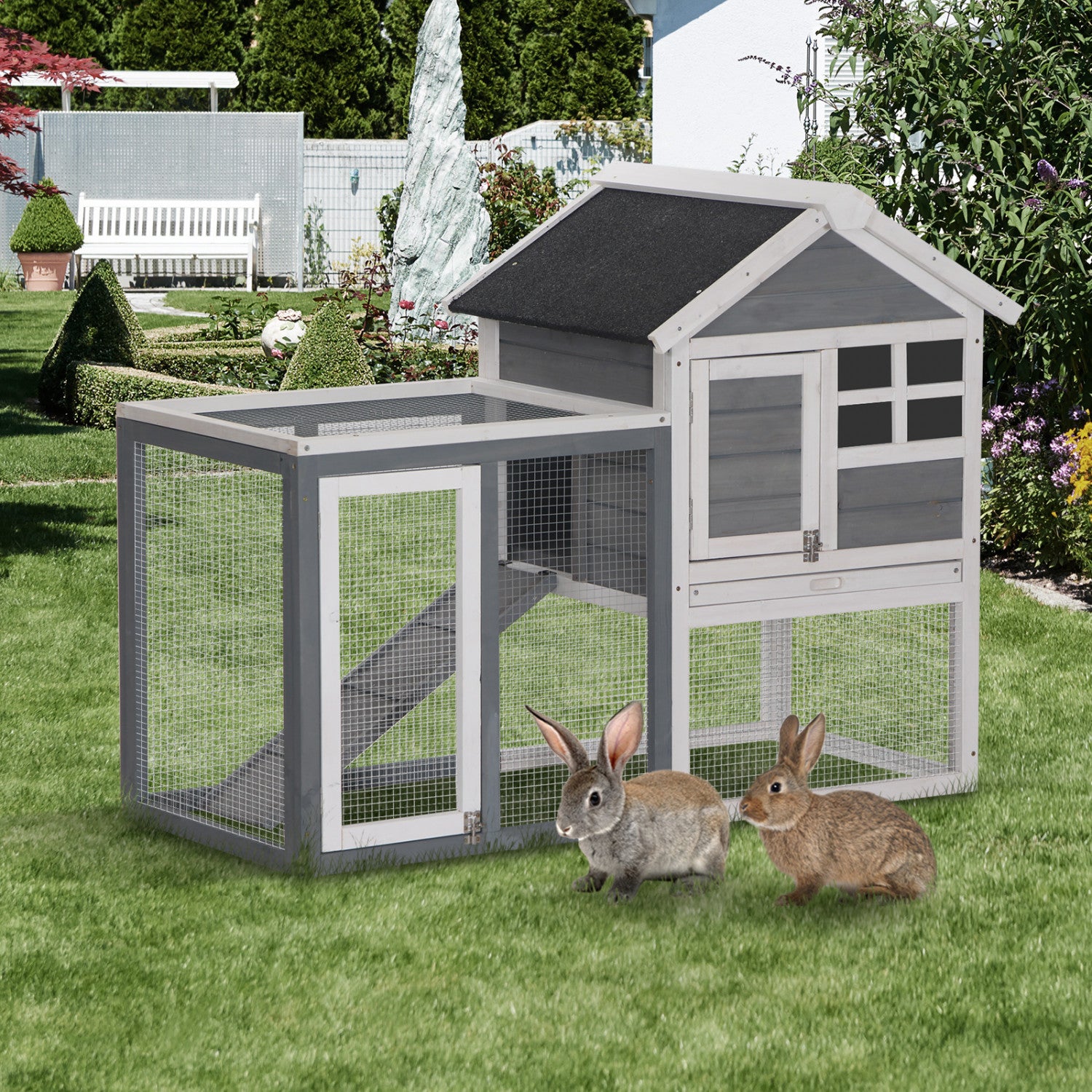 Pawhut 48 Weatherproof Wooden Rabbit Hutch With Slant Roof And Screened Outdoor Run Grey