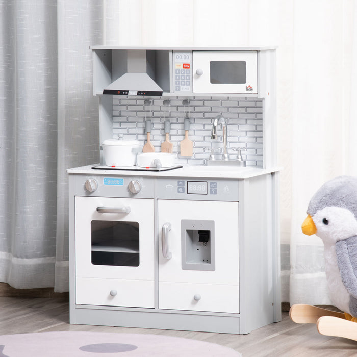 Qaba Kids Kitchen Playset For Toddlers, Pretend Role Toy Set Gift With Battery Operated Cooktop, Ice Machine, Dot Pattern Countertop For Kids Boys Girls Ages 3 To 6 - Grey
