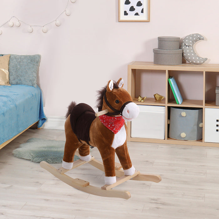 Qaba Kids Plush Ride On Rocking Horse Child Animal Adventure Rocker Chair Playtime Toy With Sound Scarf Included Red Brown