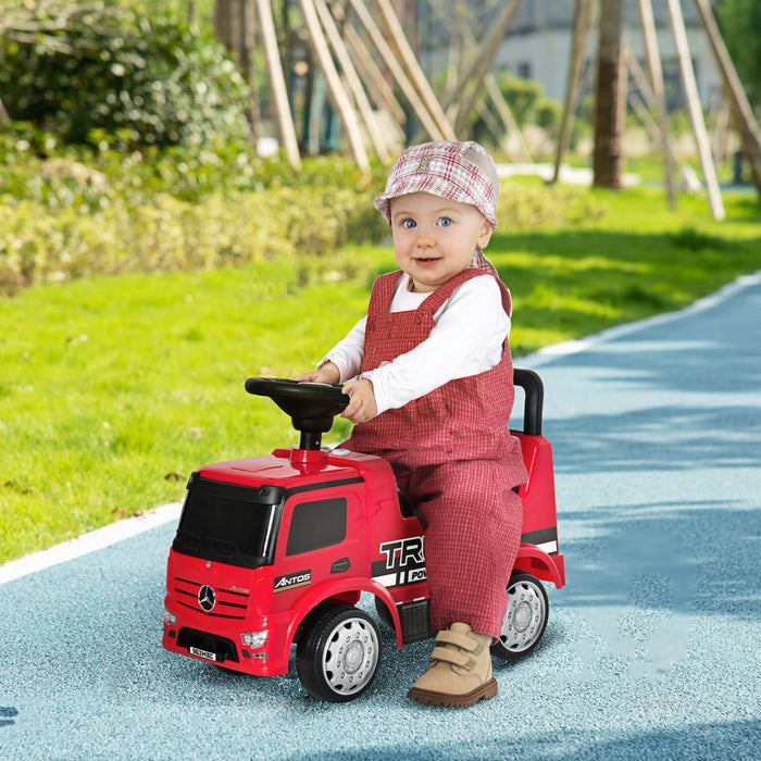 Qaba Mercedes-benz Antos Licensed Baby Car, Kids Ride On Car With Under-seat Storage, Foot To Floor Slider With Steering Wheel, Horn, Headlight, For 18-36 Months, Red