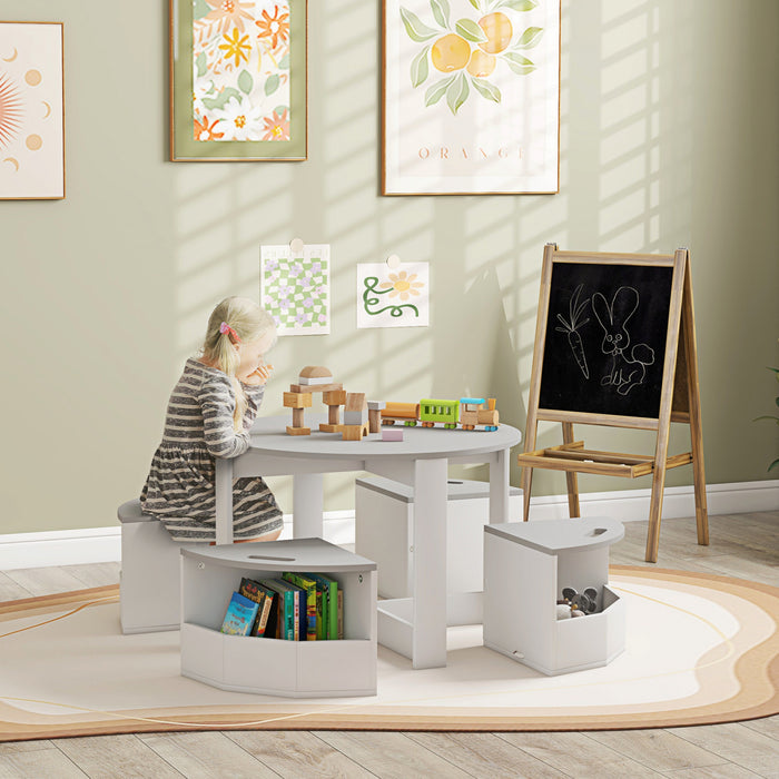 Qaba Kids Table And Chair Set, 5 Piece Toddler Table And 4 Chair Set With Storage, Activity Table For Art, Craft, Reading, For Classroom, Kids Room, Daycare, Grey