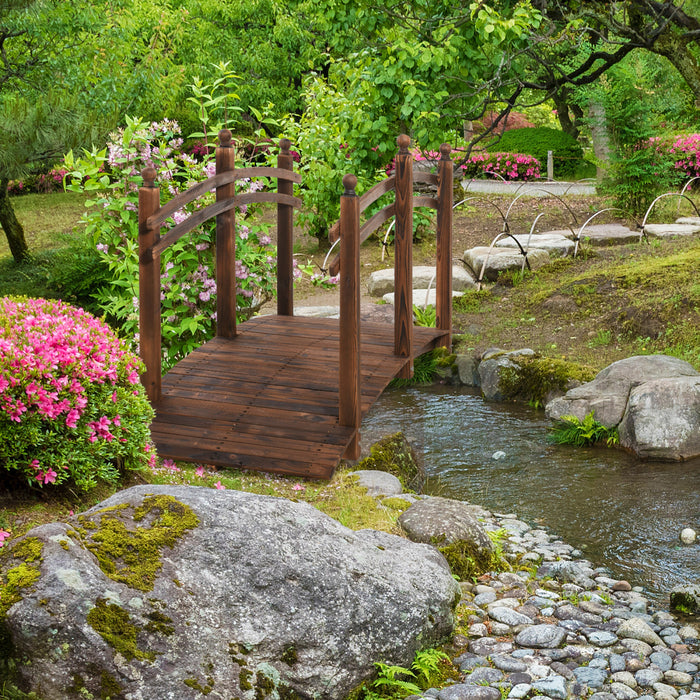 Outsunny 7.5' Fir Wood Garden Bridge Arc Walkway With Side Railings, Perfect For Backyards, Gardens, & Streams, Stained