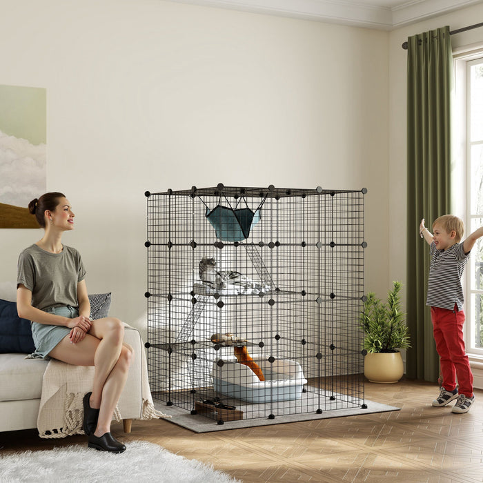 Pawhut Cat Cage Indoor, 4 Tier Diy Catio With Hammock, 5 Doors, 3 Ramps, 3 Jumping Platforms, Steel Wire Cat Playpen For 1-3 Cats, Black