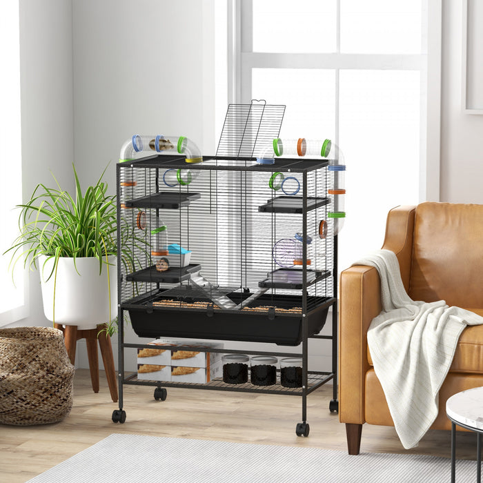 Pawhut 43\" Hamster Cage, Small Animal House Rolling Rat Cage With Tunnel Tube System, Exercise Wheel, Food Dish, Water Bottle, Ramp, Storage Shelf, For Syrian Hamsters, Gerbils