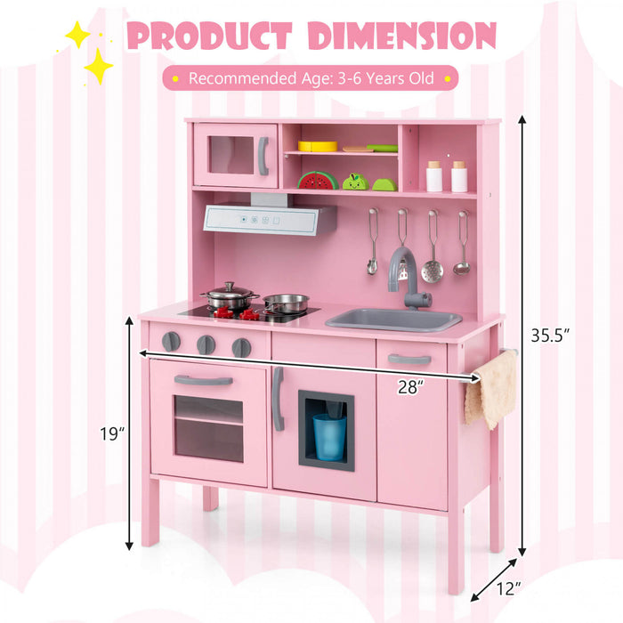 Costway Kids Kitchen Playset Wooden Pretend Play Chef Toy With Microwave & Accessories Pink