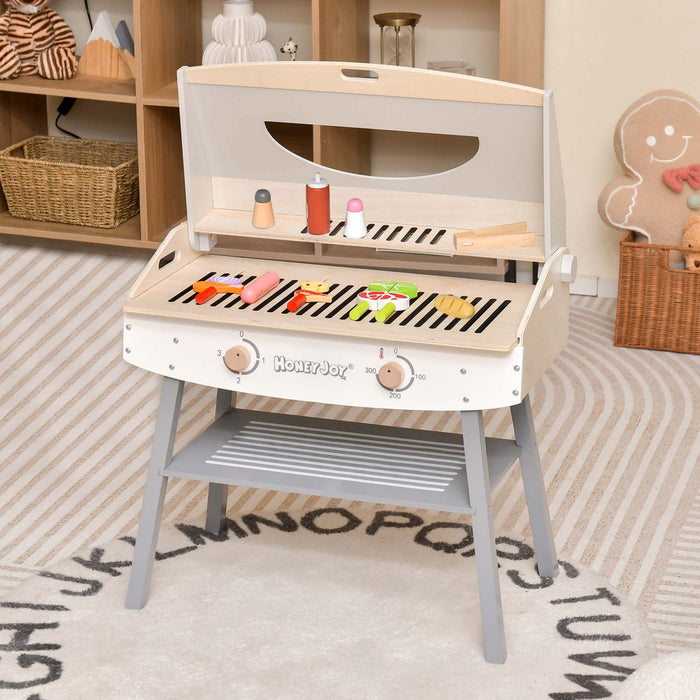 Costway Kids Barbecue Grill Playset, Wooden Kitchen Playset With Clip 4 Bbq Poles