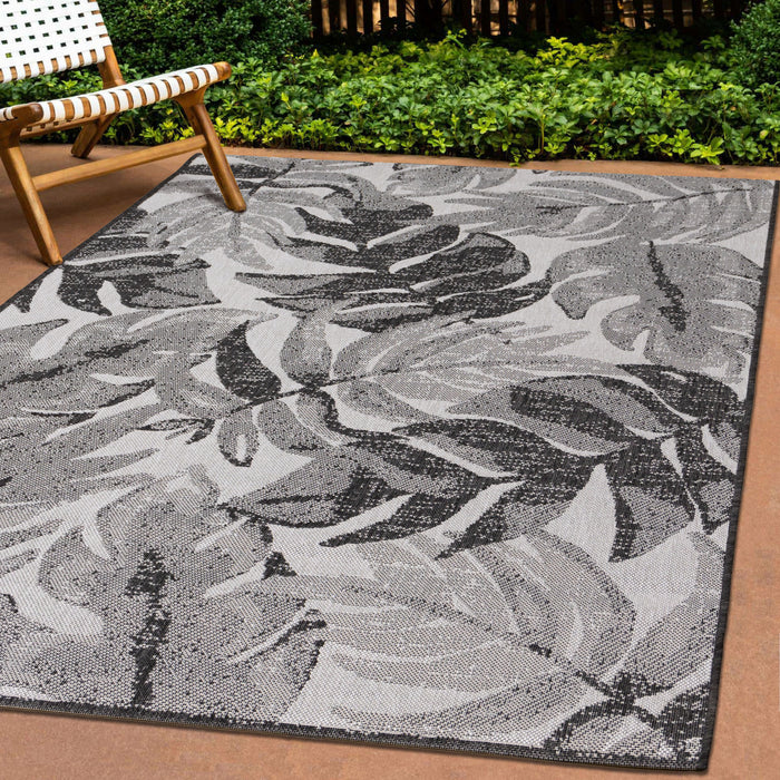 Jackson Grey White Botanical Leaves Rug, 5'3\" x 7'7\" Outdoor Area Rug
