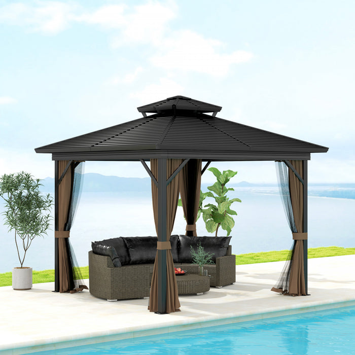 Outsunny 10' X 10' Hardtop Gazebo Outdoor Aluminum Gazebo, Dark Brown