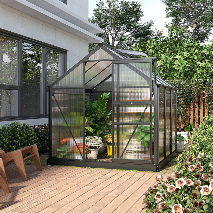 Outsunny 6' X 6' Clear Polycarbonate Greenhouse Walk-in Green House Garden Plants Grow Galvanized Base Aluminum Frame With Slide Doorwith Rain Gutter, Vent And Sliding Door, Grey