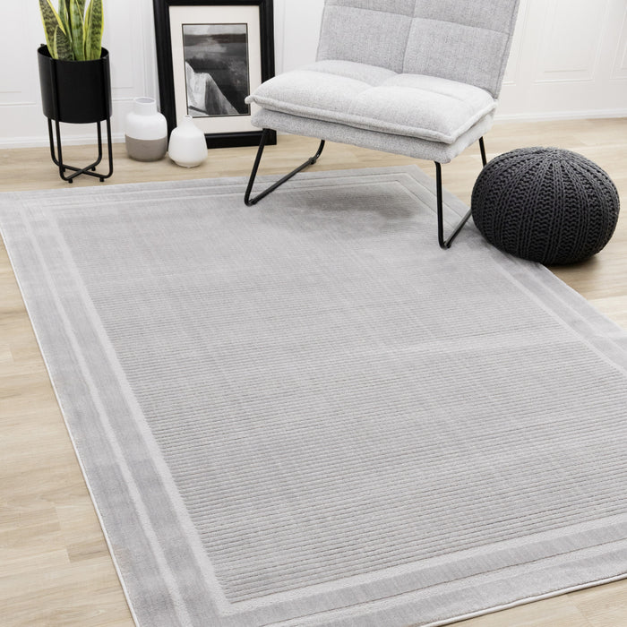 Ellie High-Low Textured Soft Polyester Grey Border Area Rug - 5'3\" x 7'7\"