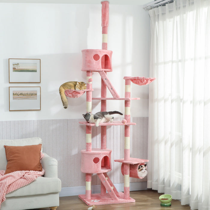 PawHut Cat Tower for Large Cats Adult, Floor to Ceiling Cat Tree Adjustable Height 94\"-102\" Multi-Level with Scratching Posts, Cozy Hammock, Pompoms, Pink