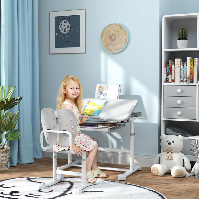 Qaba Kids Desk And Chair Set, Height Adjustable Kids Study Table And Chair Set With Tilt Desktop, Large Writing Board, Storage Drawer, Book Stand For 3-12 Years, Grey