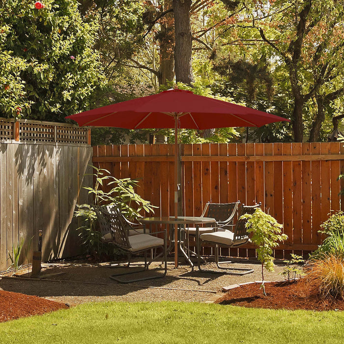 Costway 10FT Patio Wooden Market Table Umbrella Pulley with 8 Bamboo Ribs Sunshade Canopy Wine