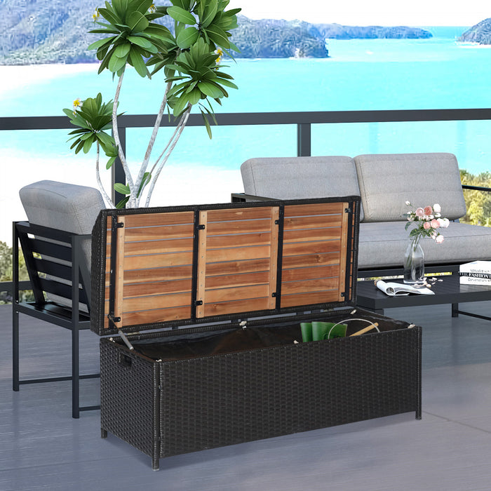 Outsunny Patio Wicker Storage Bench Box with Natural Wood Top Lid Coffee