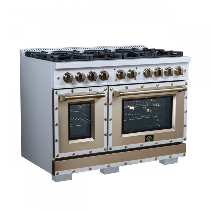 Forno Ambassador 48\" Dual Fuel Range, White, 8 Sealed Burners, 6.7 Cu.Ft. Ovens - FFSGS6199-48CPWHT