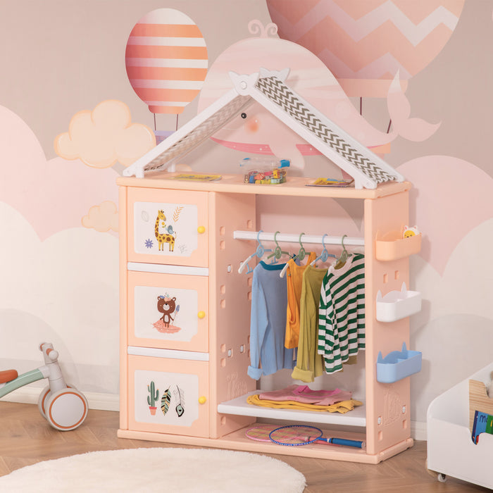 Qaba Kids Toy Organizer And Storage Book Shelf With Shelf, Storage Cabinet, Hanger, Storage Board, And Storage Basket, Orange