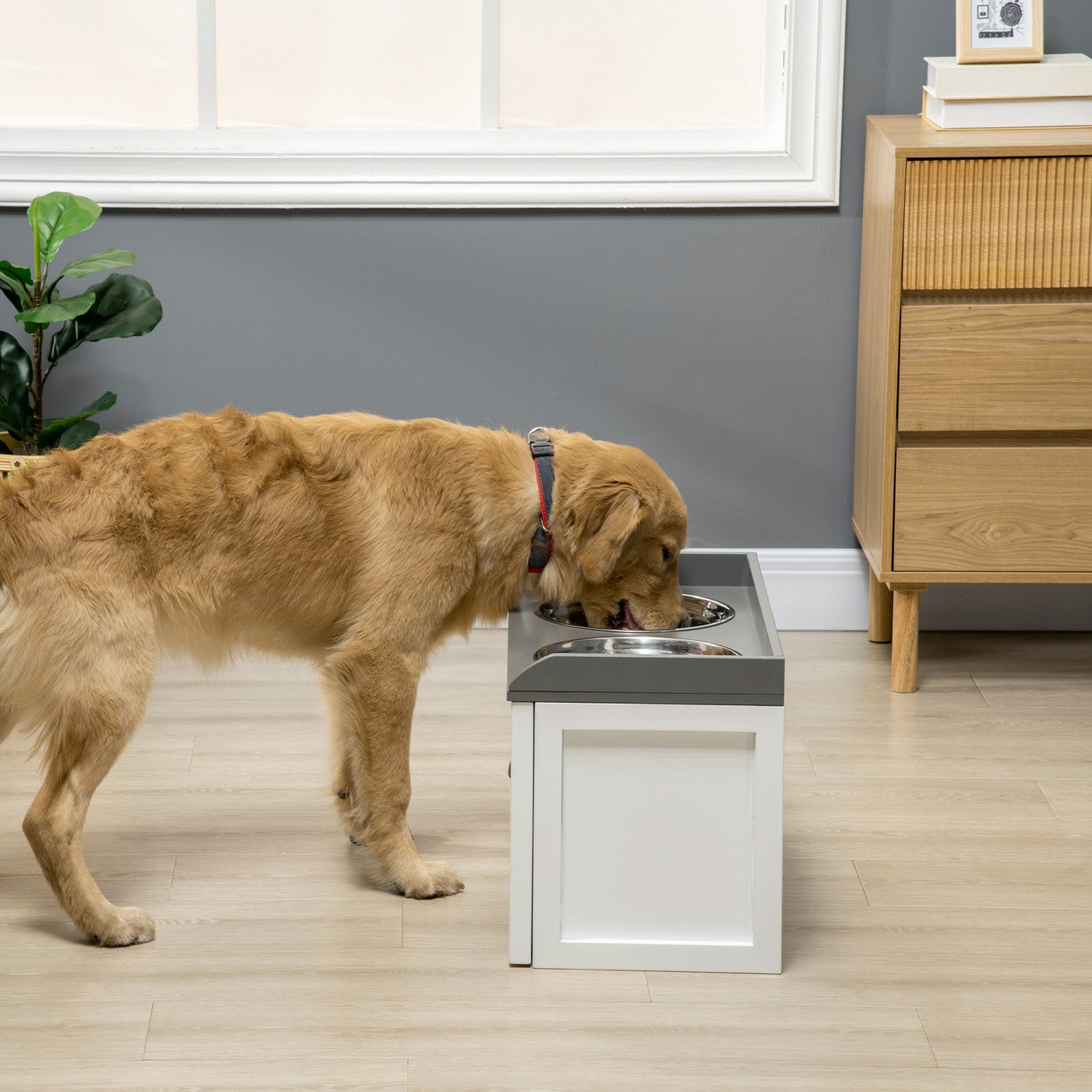 PawHut Elevated Dog Bowls for Large Dogs Raised Pet Feeding Station with 2 Stainless Steel Bowls