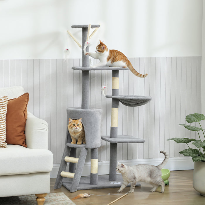 PawHut Cat Tree, 53\" Cat Tower for Indoor Kittens with Sisal Scratching Posts, Plush Perches, Condo, Hammock, Ladder, Dangling Toys, Multi-Level Kitty Activity Centre, Grey