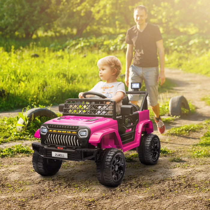 Qaba 12v Powered Ride-On Truck Car, Electric Car For Kids With Remote Control, Openable Doors, Spring Suspension, 3 Speeds, Usb Music Horn, Led Headlights, Pink