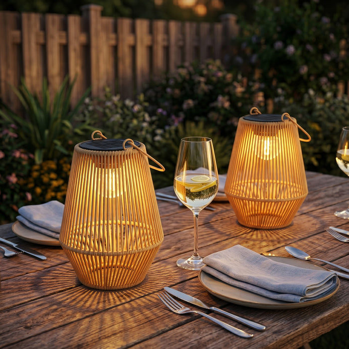 Outsunny Solar Lanterns Outdoor, 2 Pack Wicker Waterproof Outdoor Hanging Lights, Auto On/Off Decorative Solar Table Lamp Lanterns for Patio, Pathway, Lawn, Porch, Tree, Brown