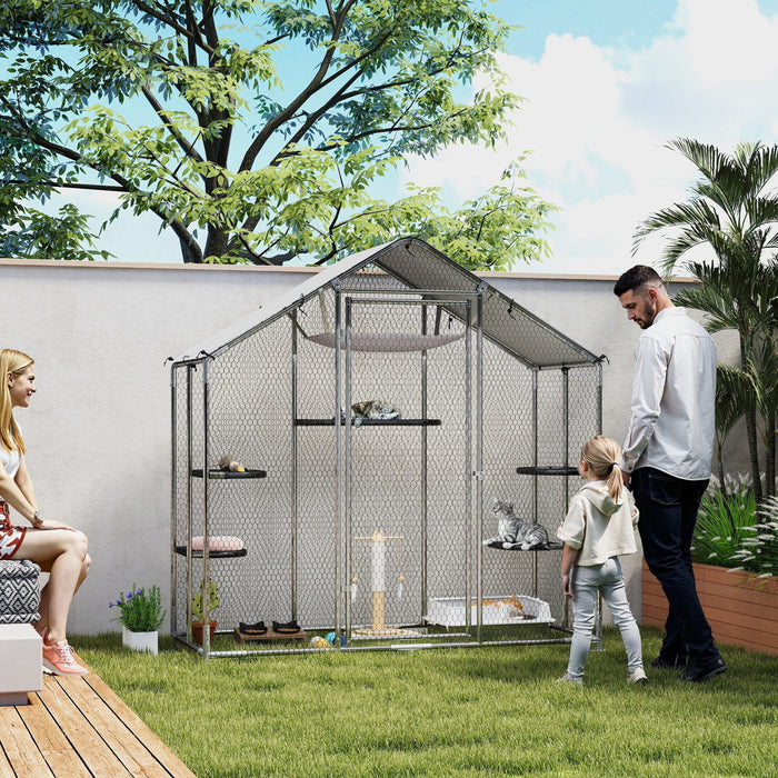 PawHut Large Catio Outdoor Cat Enclosure, Galvanized Steel Walk-in Kitty Cage for Multiple Kittens, with Waterproof Cover, 5 Adjustable Platforms, Hammock, 79\" W x 38\" D x 77\" H