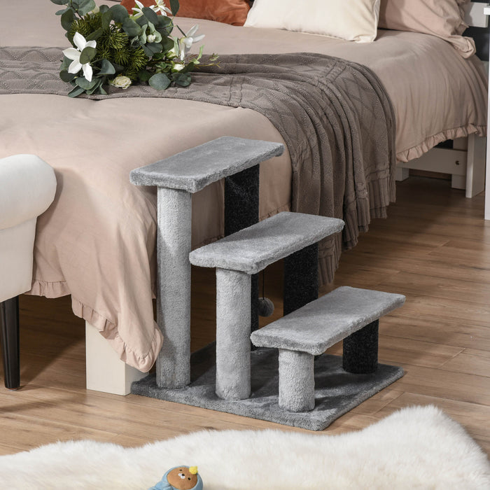 Pawhut Cat Stairs 3 Steps For Bed, Couch With Scratching Posts, Small Cat Tree For Indoor Cats With Toy Ball, 17.5\" X 15.5\" X 19\", Light Grey