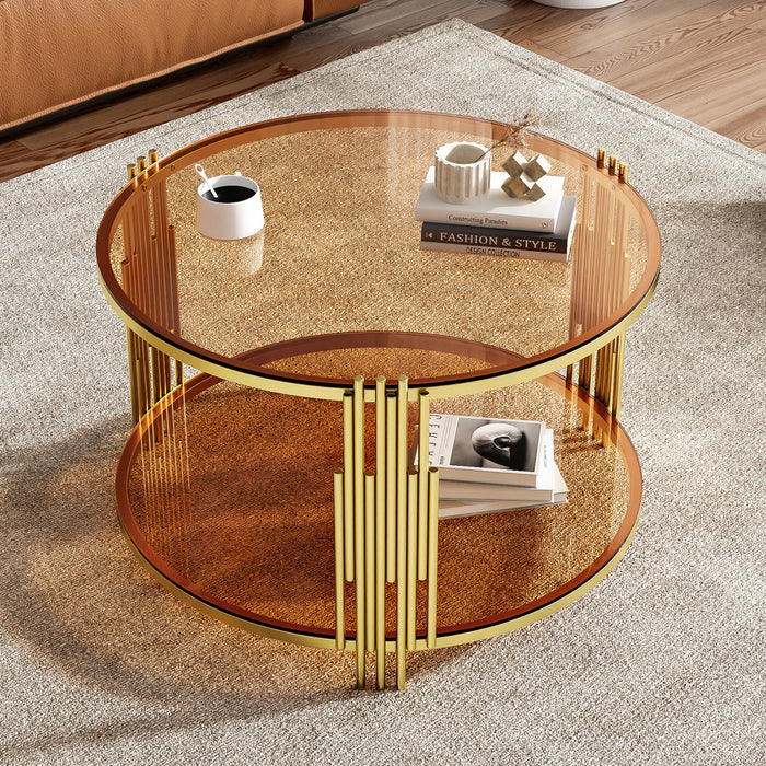 Jonas 31.5\" Round Tempered Glass Coffee Table With Lower Shelf, Brown