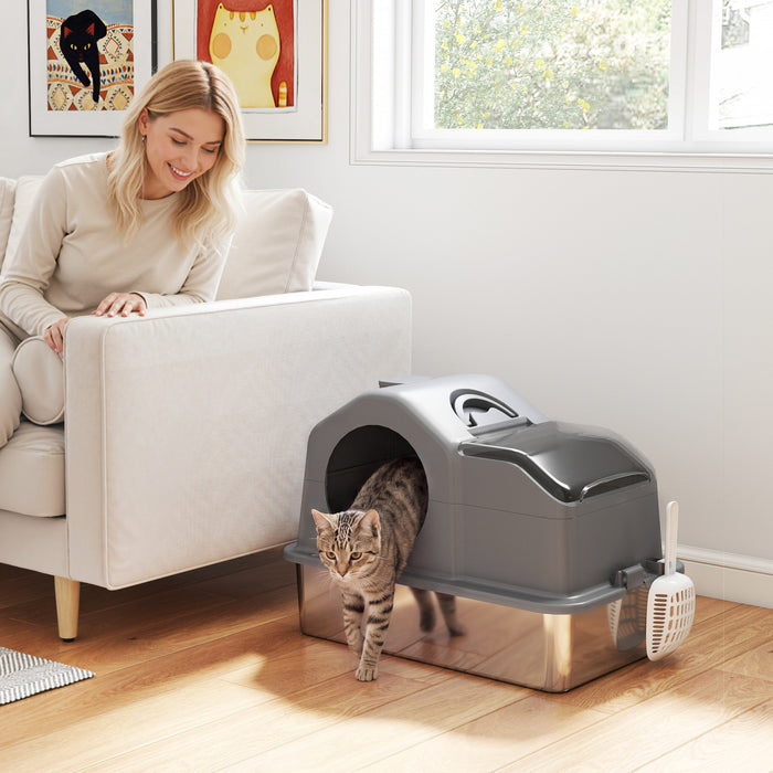 PawHut Stainless Steel Cat Litter Box with Removable Lid, Extra Large Enclosed Litter Box with High Sided, Scoop, Odor Free, Non-Sticky, Anti-Leakage, Easy Clean, Dark Grey
