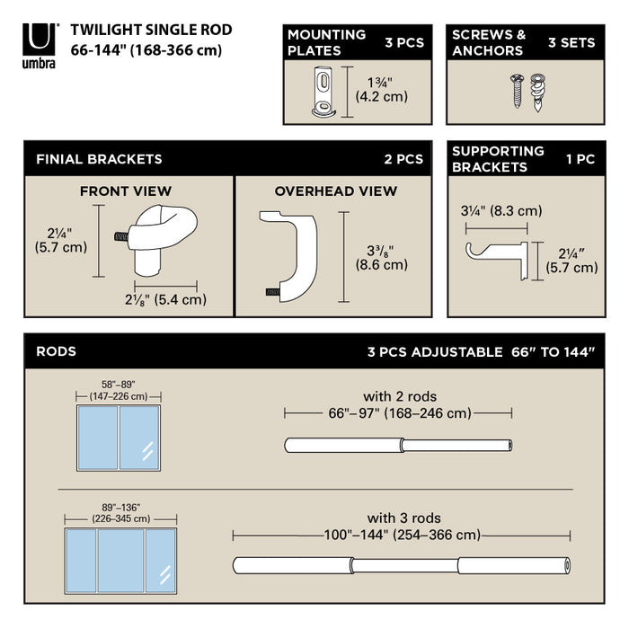 Umbra Twilight Matte Nickel Expandable Blackout 3/4\" Curtain Rod - 66\"-144\" 