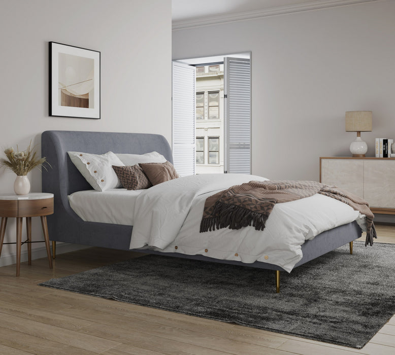 Heather Mid-Century Modern Velvet Upholstered Queen Bed in Gray and Gold