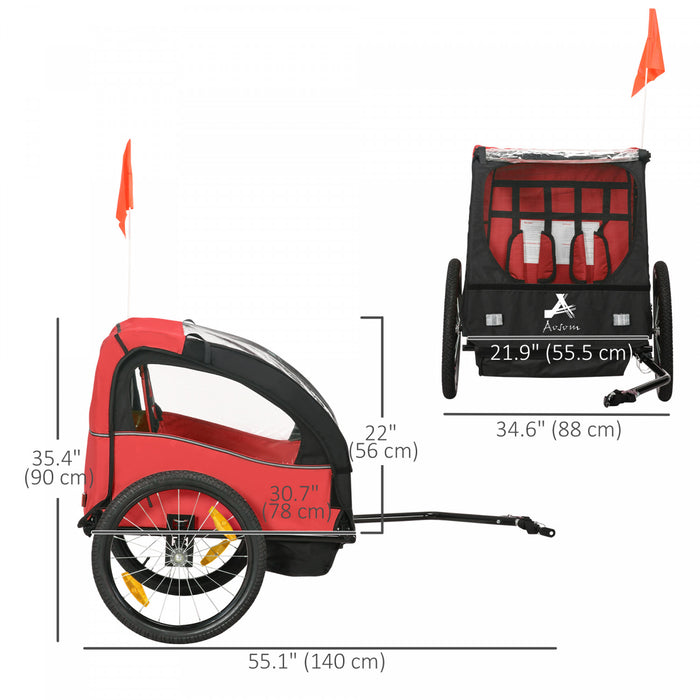 Aosom 2-Seat Bike Trailer for Kids, Baby Bicycle Trailer with Storage Bag, 5-Point Harness, 20\" Rubber Wheels, Safety Flag, Reflectors, Shock Absorber System, for 18+ Months, Red