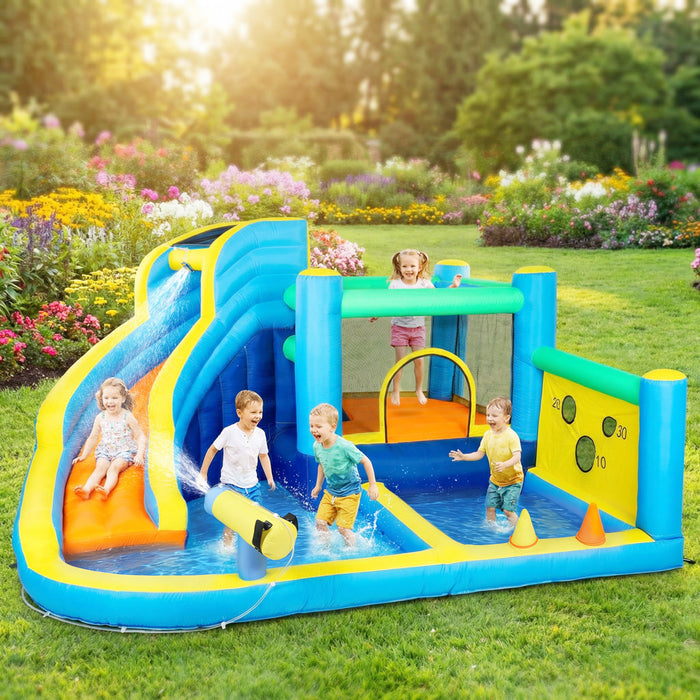 Qaba 8 in 1 Bouncy Castle for Kids, Inflatable Bounce House with Slide, Splash Pool, Climbing Wall, Basketball Hoop, Balls, Ring Toss, Water Cannon, Blower for Indoor Outdoor