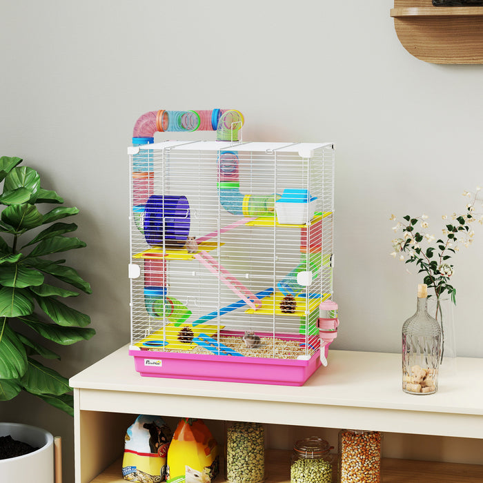 PawHut 5 Tiers Hamster Cage Portable Animal Travel Carrier Habitat with Exercise Wheels Play Tube Water Bottle Dishes House Ladder for Gerbils, Pink