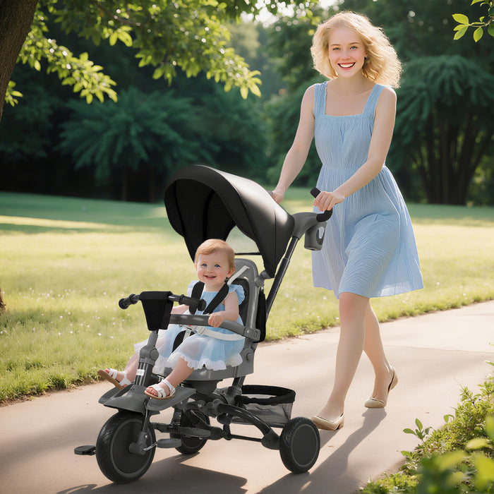Qaba Toddler Tricycle, 6 In 1 Foldable Kids Trike With Adjustable Push Handle, Removable Canopy, Rotatable Seat, Safety Harness, Detachable Guardrail, For 1-5 Years Old, Black