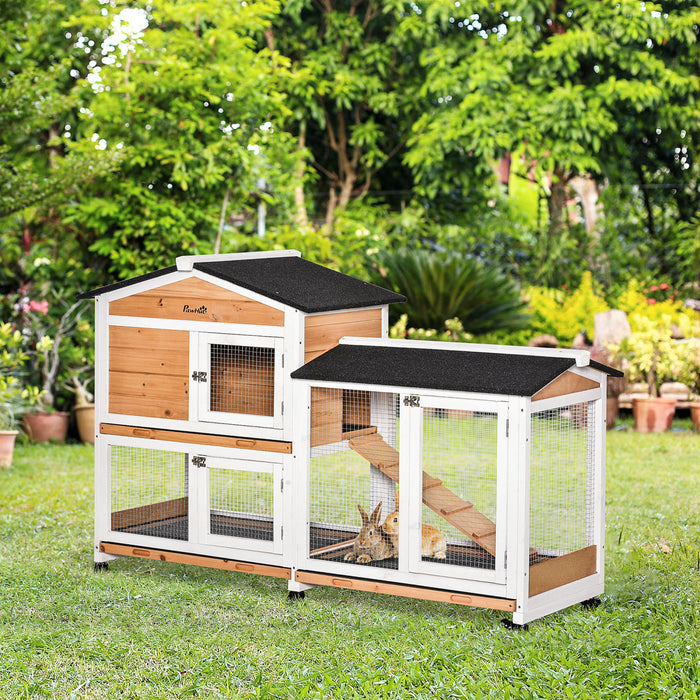 Pawhut 62\" Wooden Rabbit Hutch, Bunny Cage With Wheels, Run Box, Tray, Ramp For Small Animals, Guinea Pig, Indoor Outdoor Use, Yellow