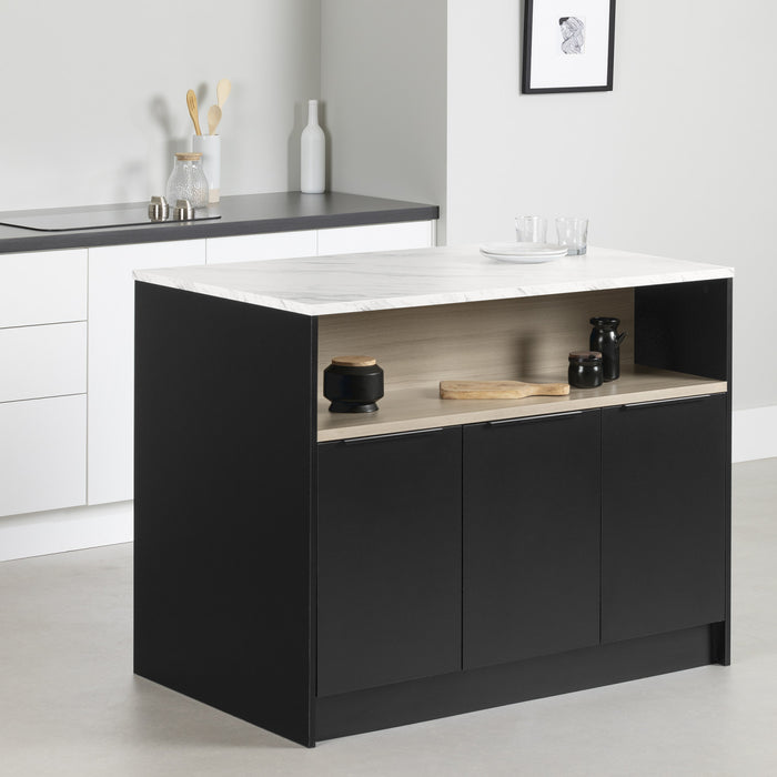 Olio Kitchen Island With Open Storage Shelf - Matte Black And Faux White Marble 