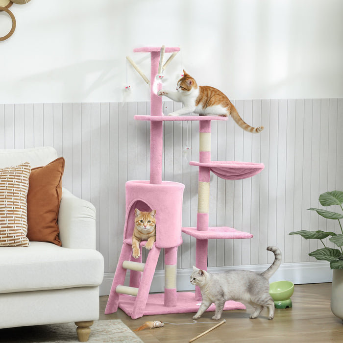 PawHut Cat Tree, 53\" Cat Tower for Indoor Kittens with Sisal Scratching Posts, Plush Perches, Condo, Hammock, Ladder, Dangling Toys, Multi-Level Kitty Activity Centre, Pink