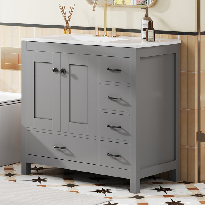 Derek 36 Inch Modern Bathroom Vanity with Ceramic Sink & Multi Storage, Grey