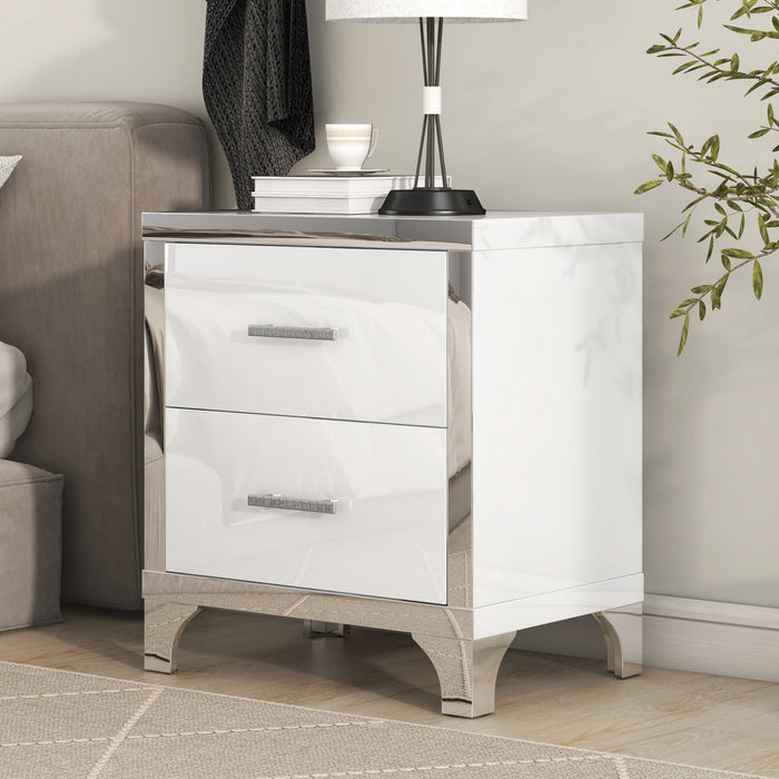 Sophia High Gloss Nightstand with 2 Drawers and Metal Handles,White