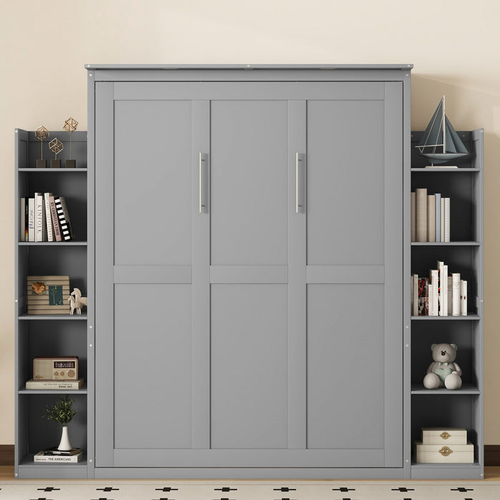 Glenn Engineered Wood Murphy Bed With Shelves And Led Lighting, Queen Size, Grey