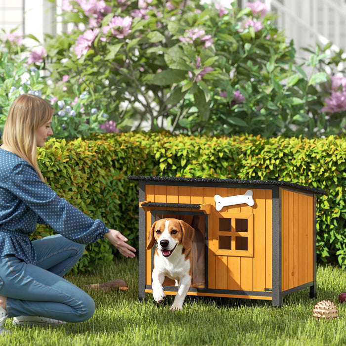 PawHut Dog House Anti-Chewing Steel Frame, Wooden Dog Kennel House with Openable Roof, Removable Floor, Door Curtain, Weatherproof Pet Shelter for Outdoor Indoor