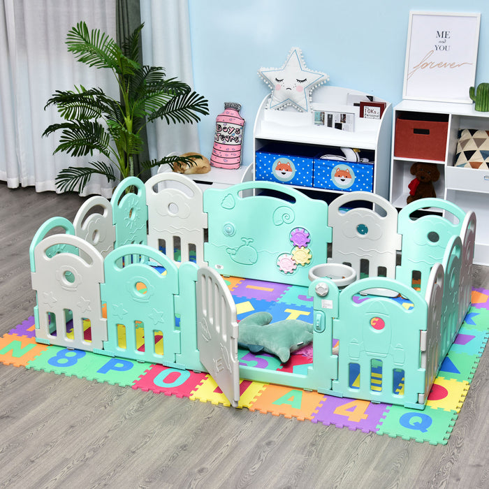 Qaba Baby Enclosure, 14 Panels Baby Playpen Baby Play Yard, Indoor & Outdoor Kids Activity Center, Green