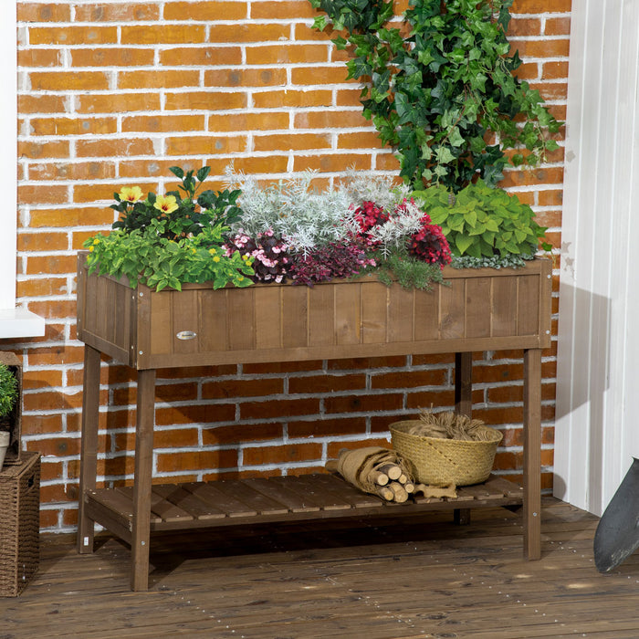 Outsunny 43.25\" X 18\" X 30\" Elevated Wooden Garden Plant Stand Outdoor Raised Flower Bed 8 Grid Box With Storage Shelf Yard Herb Planter Dark Brown
