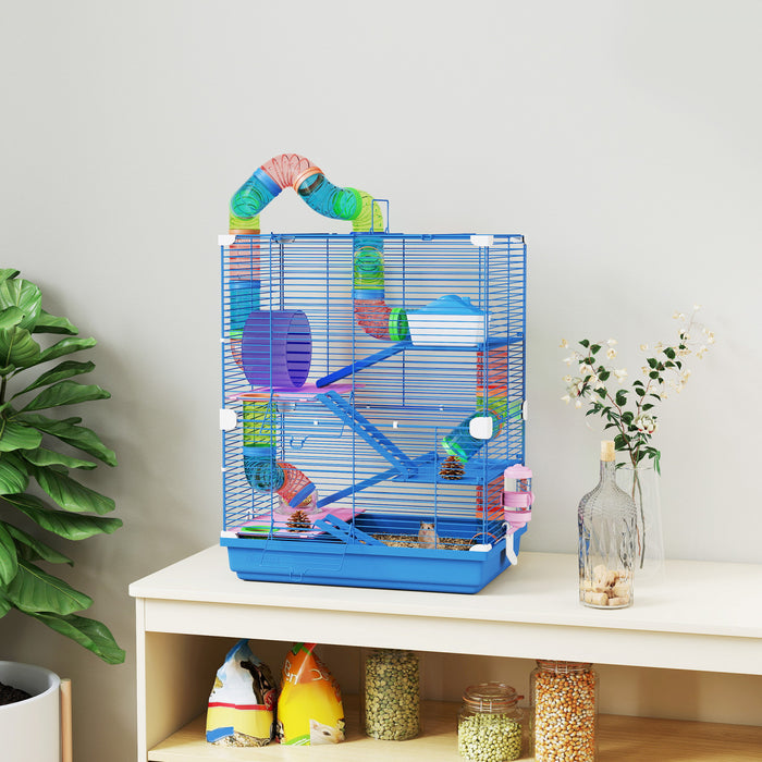 PawHut 5 Tiers Hamster Cage Portable Animal Travel Carrier Habitat with Exercise Wheels Play Tube Water Bottle Dishes House Ladder for Gerbils, Dark Blue