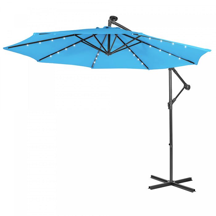 Costway 10FT Cantilever Solar Powered 32LED Lighted Patio Offset Umbrella Outdoor Blue