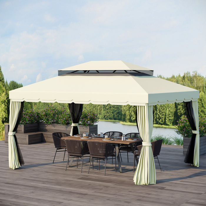 Outsunny 10 X 13ft Aluminum Frame Gazebo Canopy Double Tier Garden Shelter With Netting And Curtains, Cream White