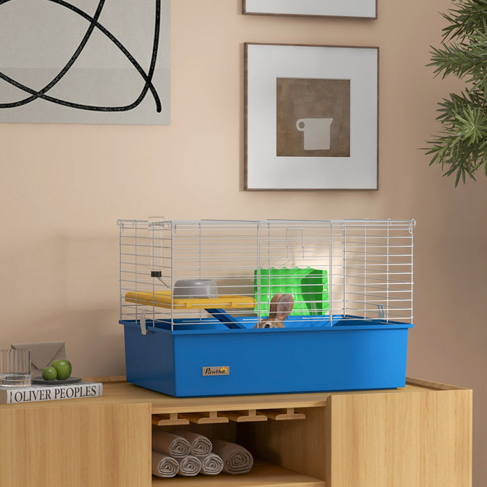 Pawhut 28\" L Rabbit Cage, Large Guinea Pig Cage Small Animal Cage With Water Bottle, Food Dish, Platform, Ramp, For Ferret, Chinchilla, Blue