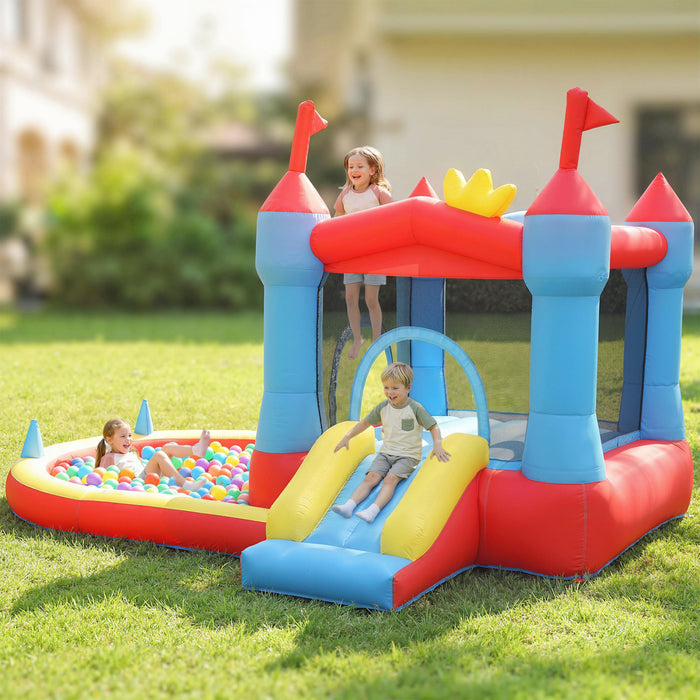 Qaba Bouncy Castle for Kids, 11.2x8.4FT Inflatable Bounce House with Slide, Pool/Ball Pit, Basketball Hoop, Jumping Castle with Basketball, Water Blaster, Blower for Indoor Outdoor