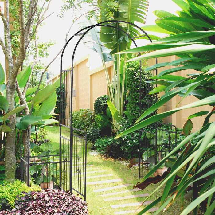 Outsunny 7.2ft Metal Garden Arbor Arch With Double Doors, 2 Side Planter Baskets, Climbing Vine Frame, Black
